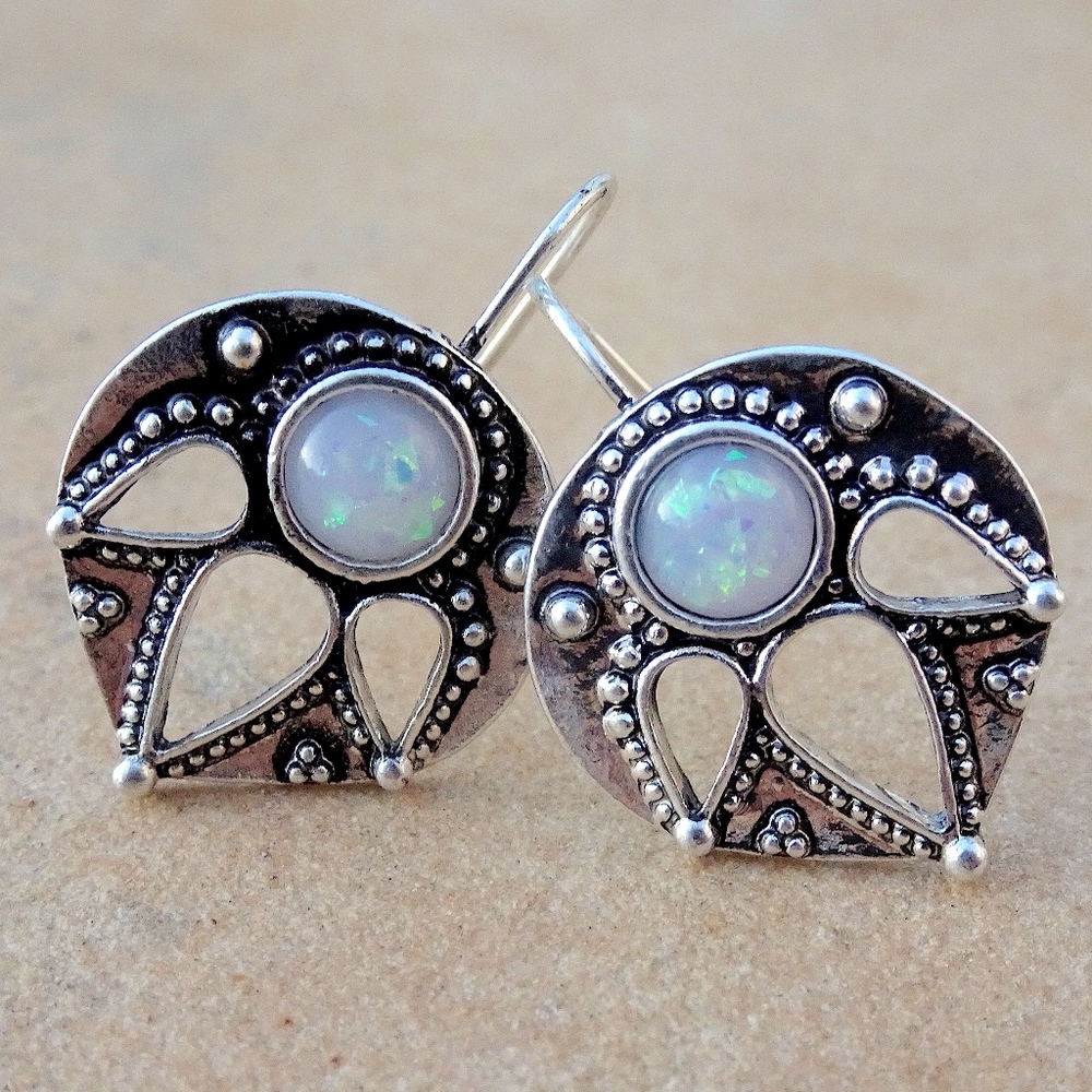 Boho Faux White Opal Silver Shield Dangle Earrings